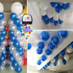 Blue and White Tall Pillars and Floating Balloons for Headway Caps Anniversary