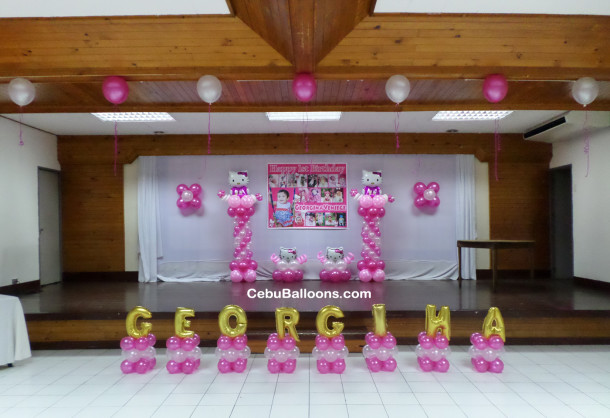 Hello Kitty Stage Decoration (for Georgina) using Balloons & Tarp at Sacred Heart Center
