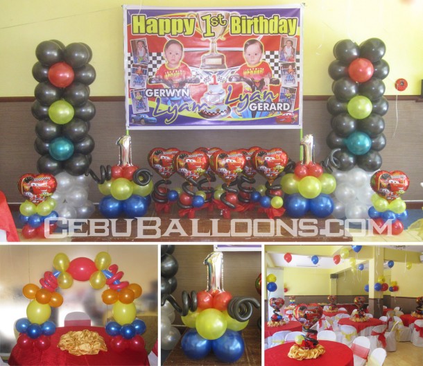 Lightning McQueen Balloon Decoration for Twins Birthday at Hannah's Party Place