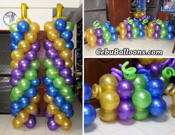 Tall Mardi Gras Balloon Pillars with Ground Balloons for Bridges Team Effort Internation 1st Anniversary