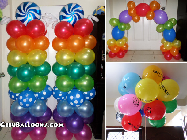 Colorful Sports Rainbow Metallic Balloon Pillars, Cake Arch & Flying Balloons