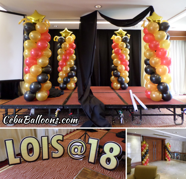 Black, Gold & Red Balloon Decoration for a Debut at Marco Polo Hotel