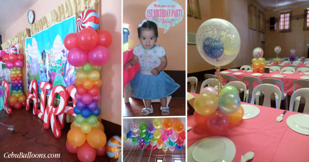 Candyland Balloon Decorations with Styrocrafts and Clown for Zaira's 1st Birthday at AA's Barbeque Guadalupe
