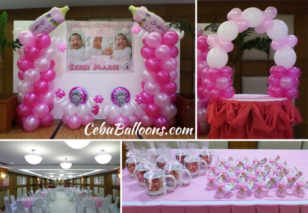 Pink, Hot Pink, White Balloon Setup with Giveaways for a Christening at ...