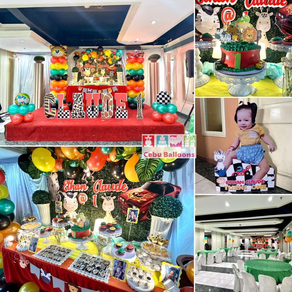 Safari Themed Balloon Decorations and Dessert Table Setup